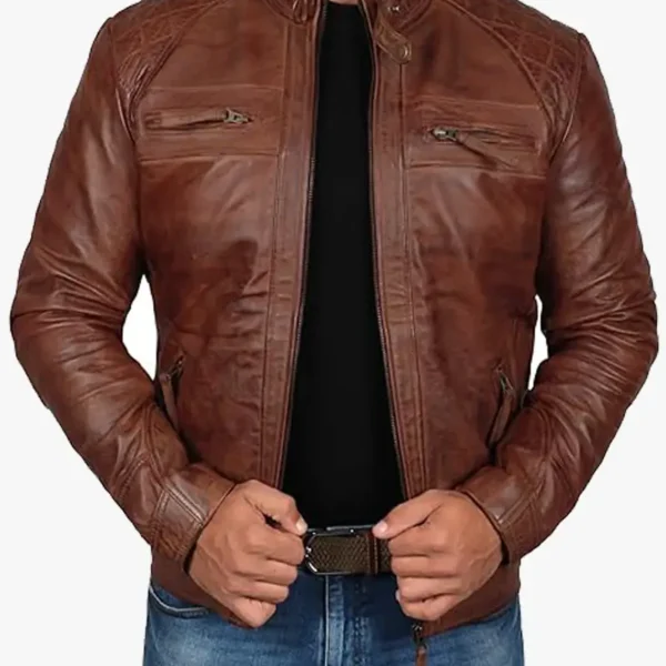Cafe Racer Distressed Leather Motorcycle Jacket for Men