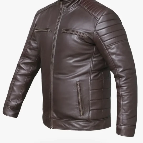 Quilted Shoulders Biker Leather Jacket for Men