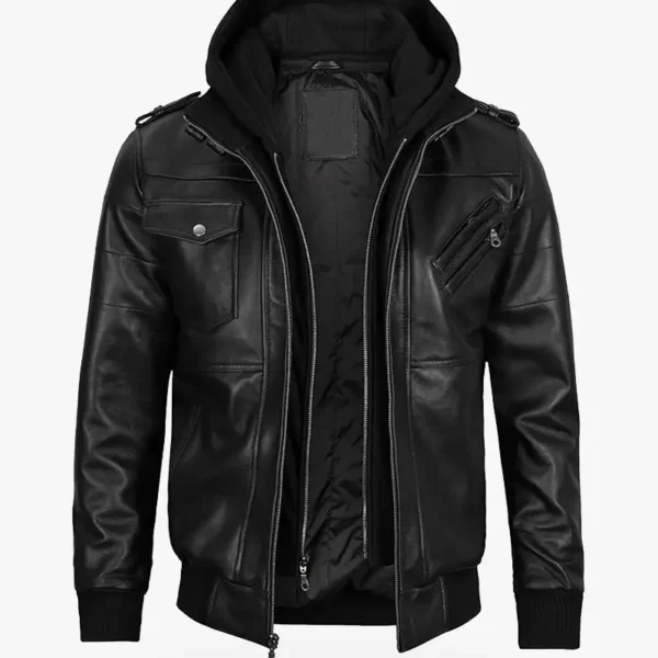 Romovable Hood Bomber Leather Jacket for Men