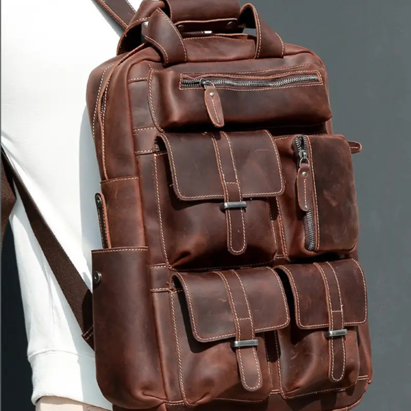 Genuine Leather Canvas Retro Shoulder Backpack 17.3″